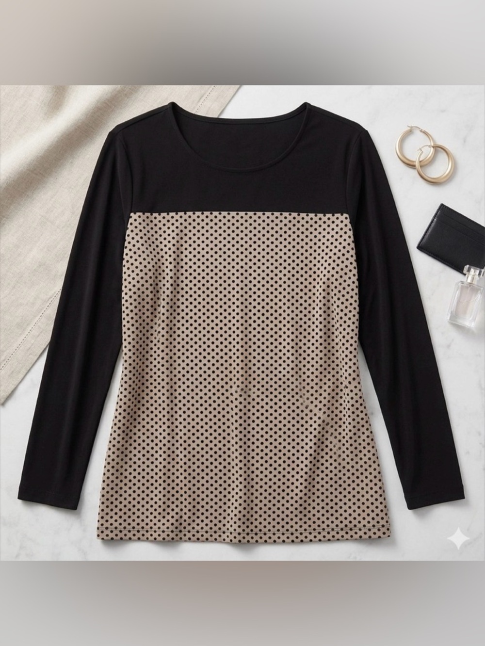Chico's Black and Tan Polka Dot Long Sleeve Tee